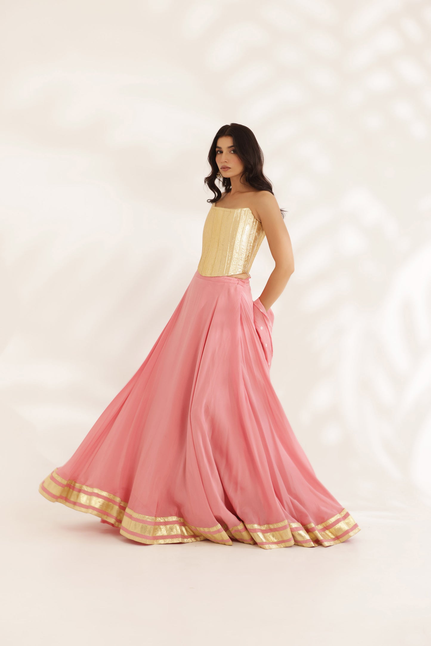 Bandhani Sunehri Coral Crepe Designer Bridesmaid Lehenga