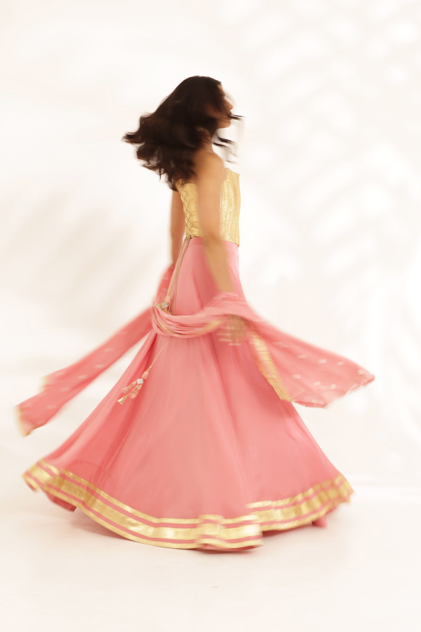 Bandhani Sunehri Coral Crepe Designer Bridesmaid Lehenga