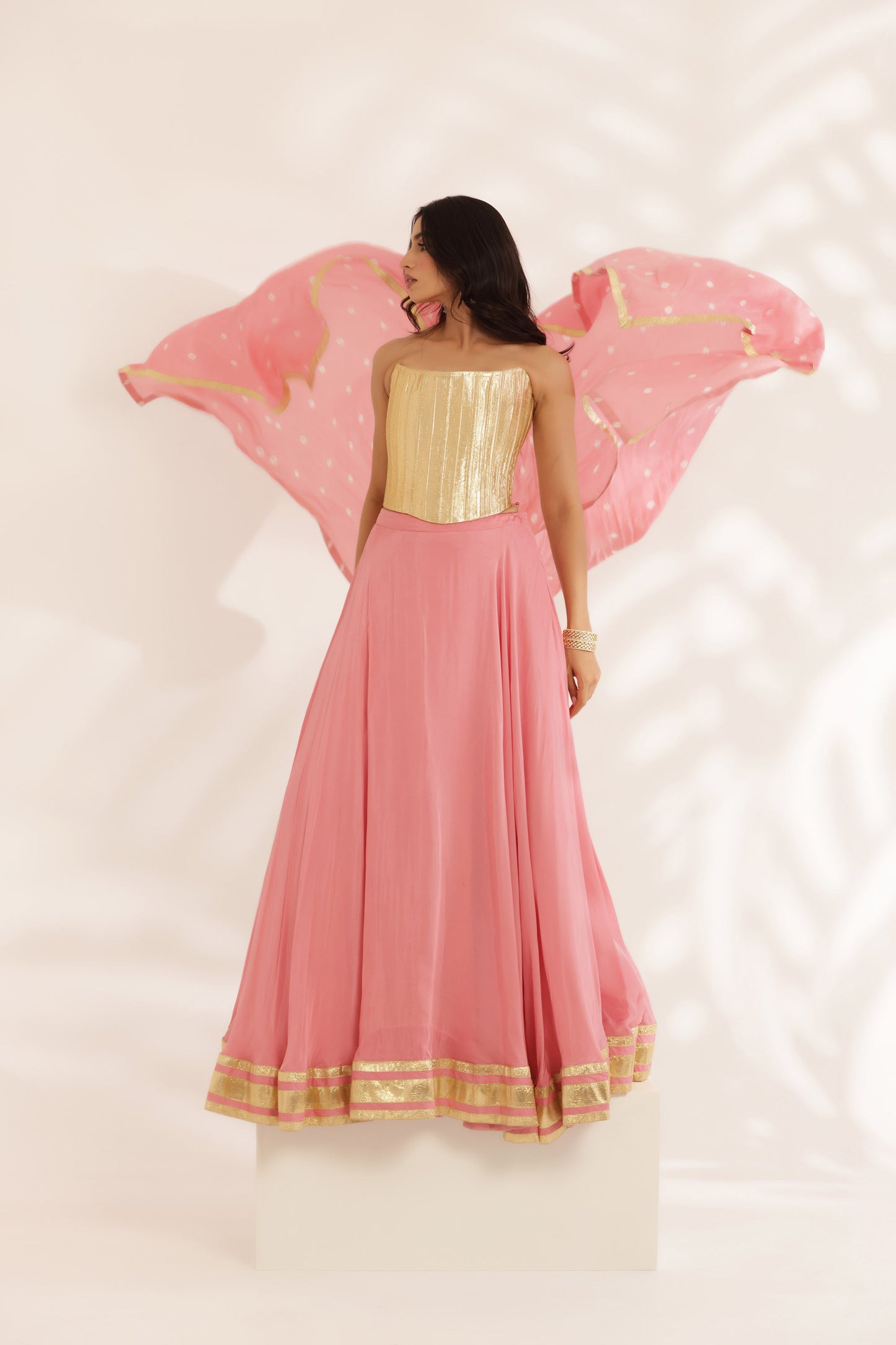 Bandhani Sunehri Coral Crepe Designer Bridesmaid Lehenga
