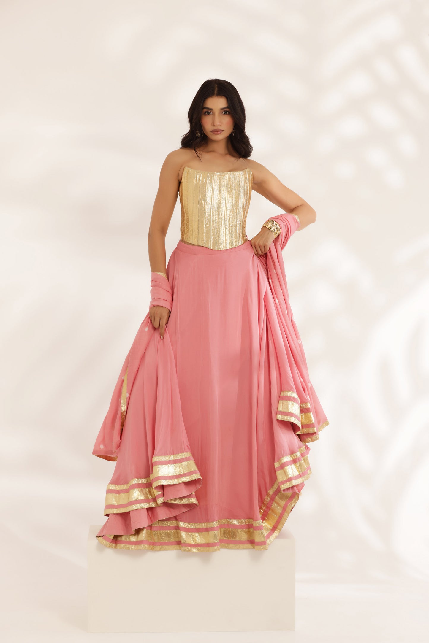 Bandhani Sunehri Coral Crepe Designer Bridesmaid Lehenga