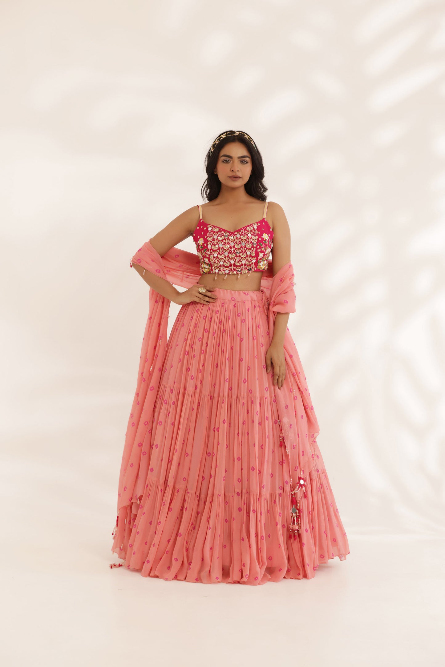 Bandhani Gulmohar Coral Georgette Designer Bridesmaid Lehenga
