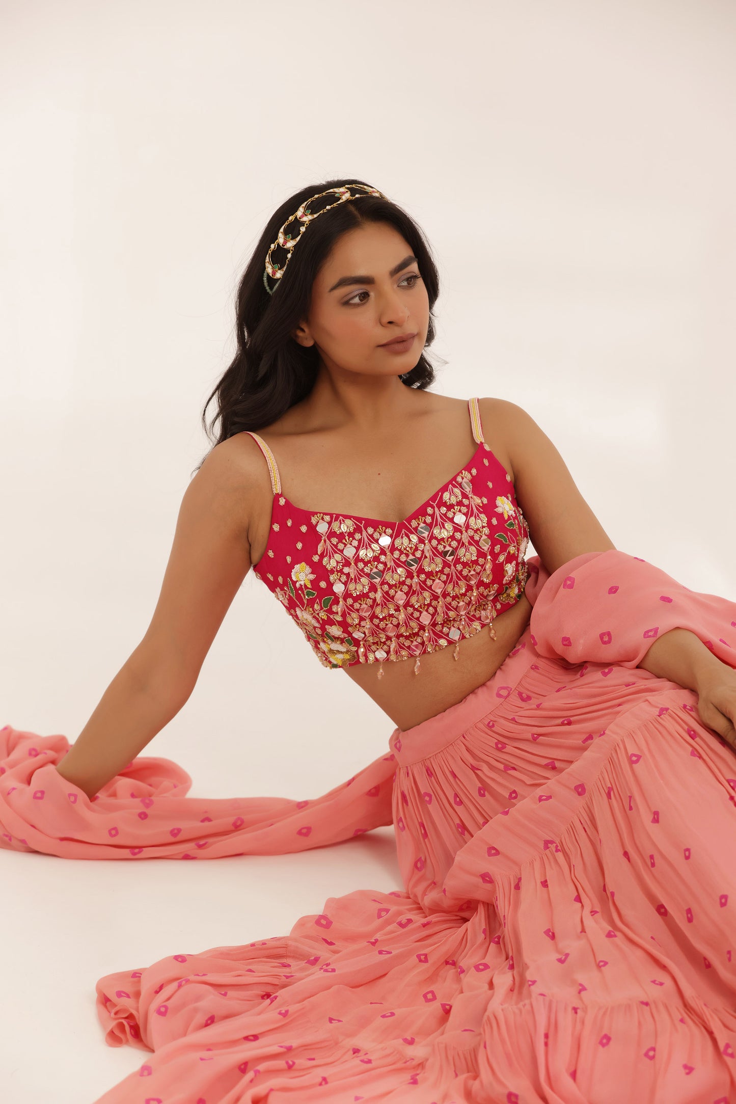 Bandhani Gulmohar Coral Georgette Designer Bridesmaid Lehenga