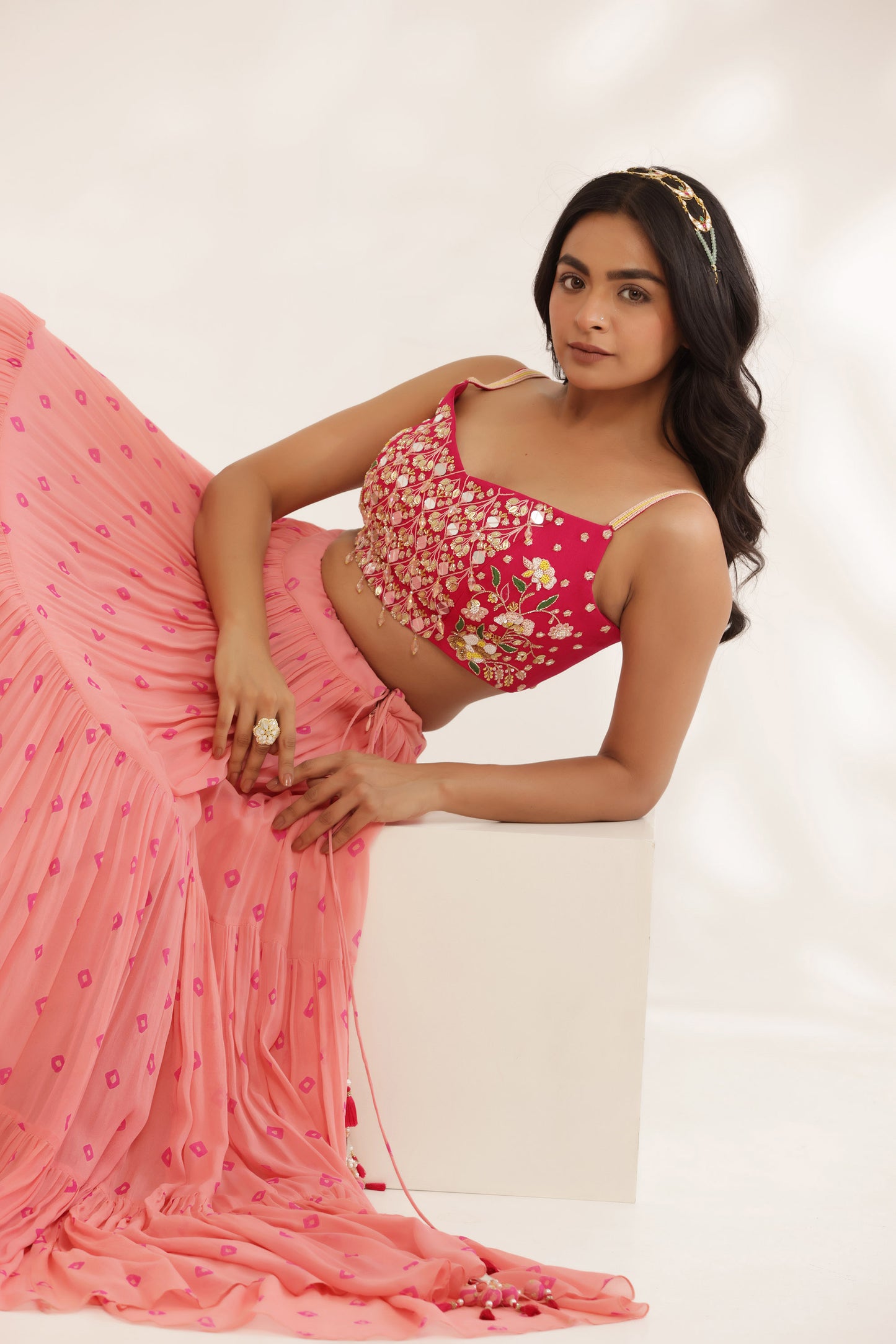 Bandhani Gulmohar Coral Georgette Designer Bridesmaid Lehenga