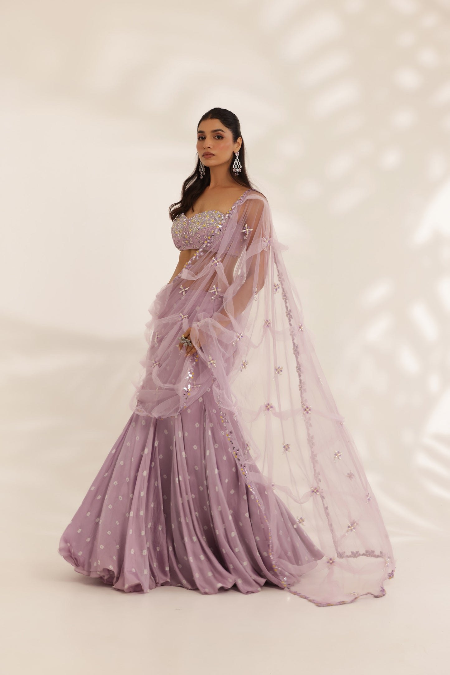 Bandhani Lavender Silk Satin Hand Embroidered Destination wedding Lehenga