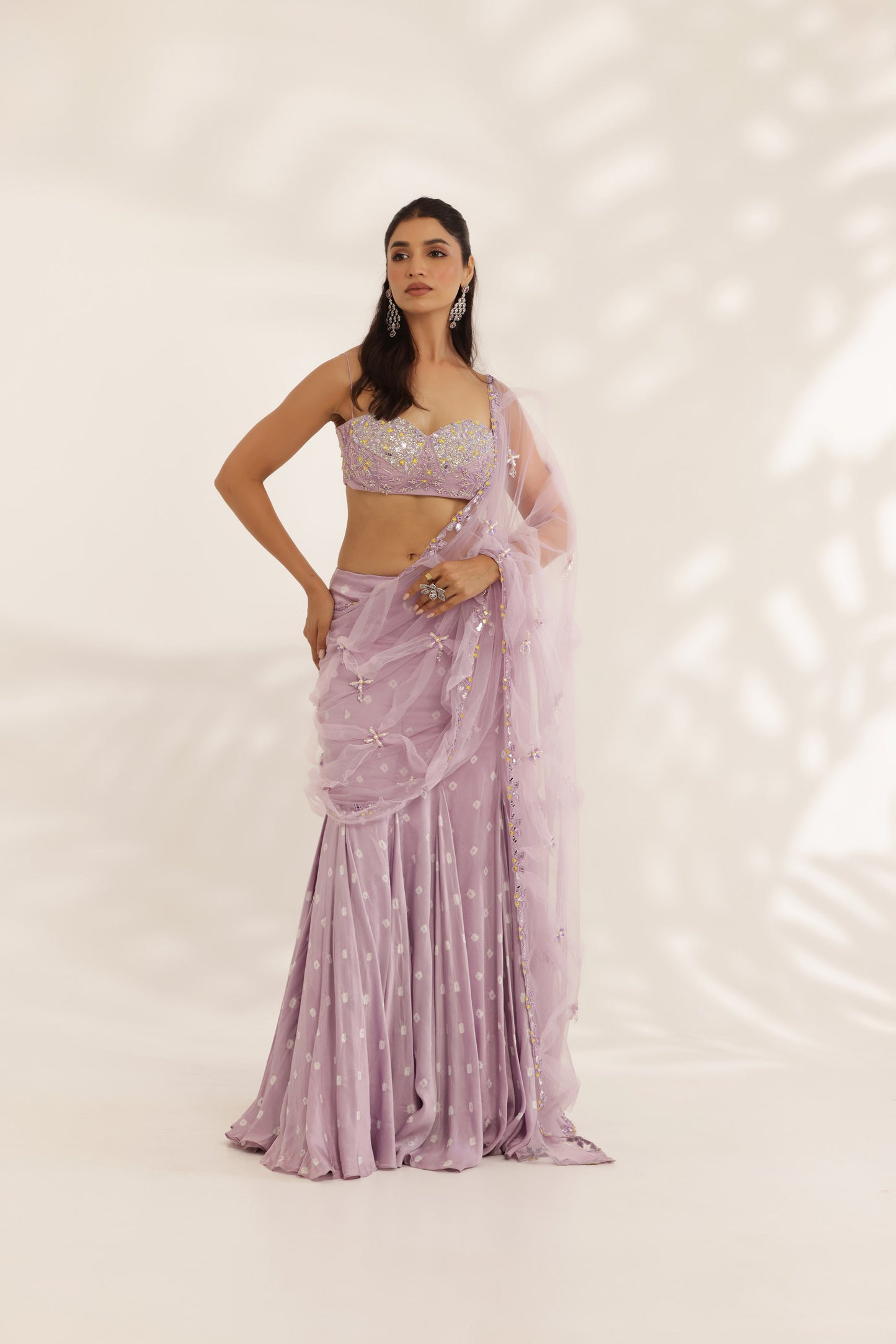 Bandhani Lavender Silk Satin Hand Embroidered Destination wedding Lehenga
