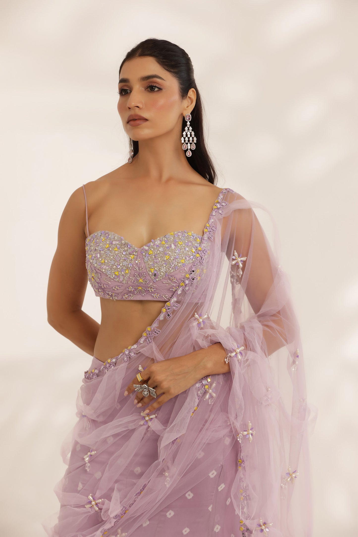 Bandhani Lavender Silk Satin Hand Embroidered Destination wedding Lehenga
