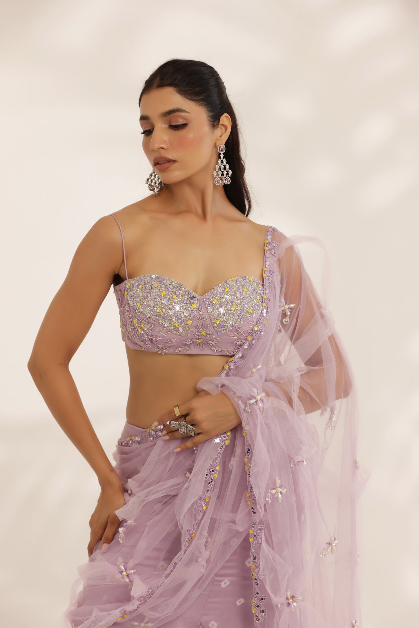 Bandhani Lavender Silk Satin Hand Embroidered Destination wedding Lehenga