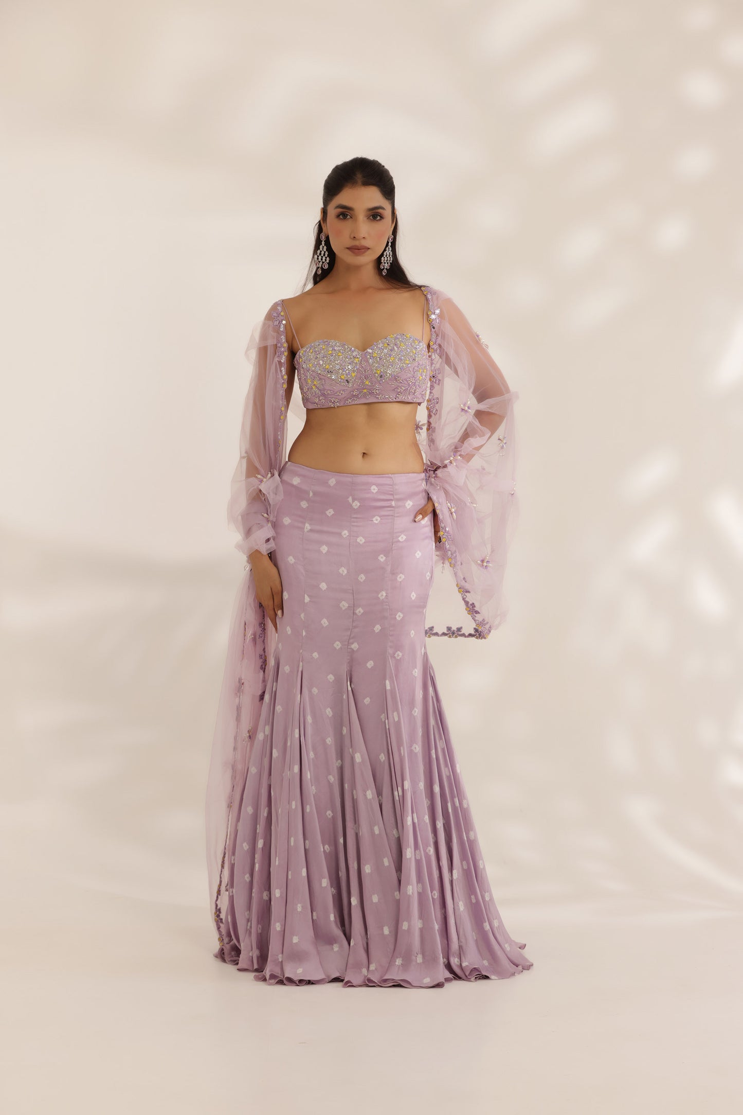 Bandhani Lavender Silk Satin Hand Embroidered Destination wedding Lehenga