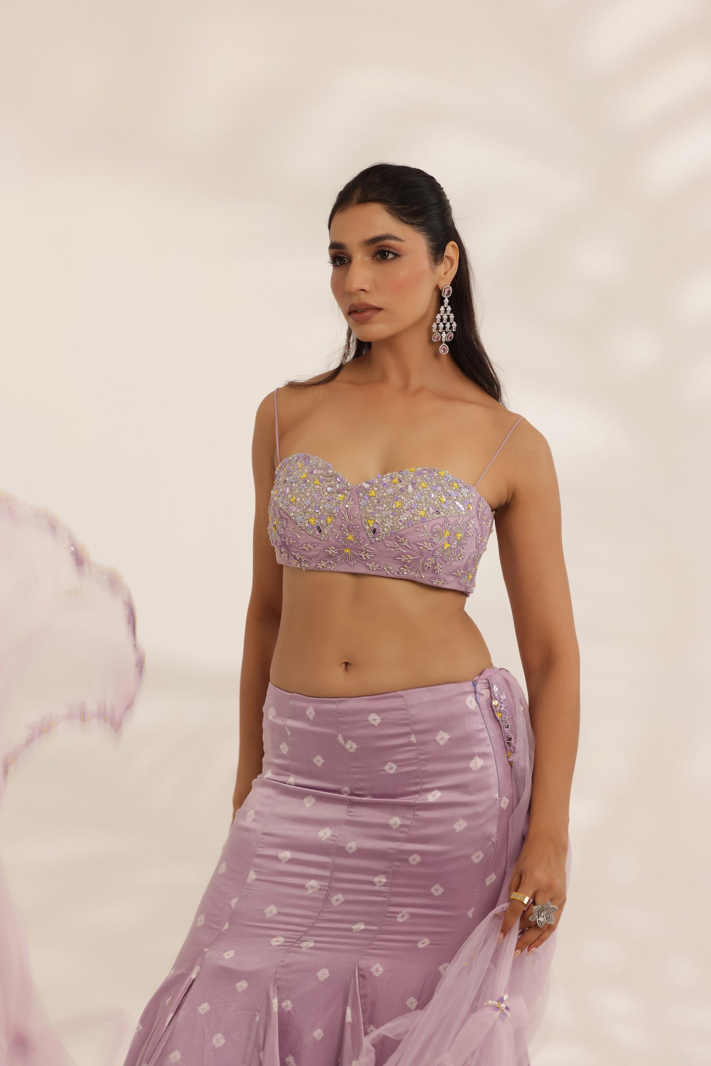 Bandhani Lavender Silk Satin Hand Embroidered Destination wedding Lehenga