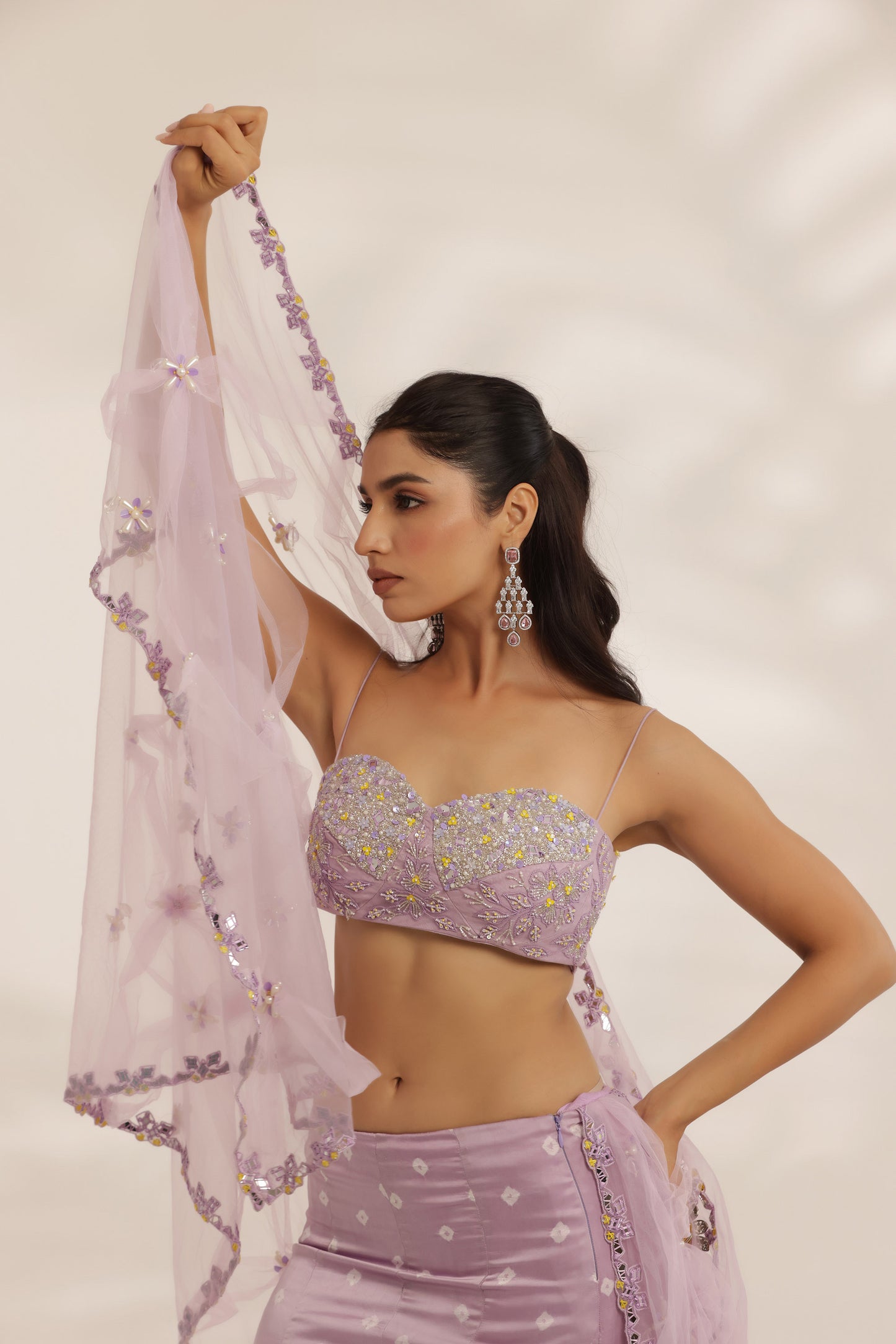 Bandhani Lavender Silk Satin Hand Embroidered Destination wedding Lehenga