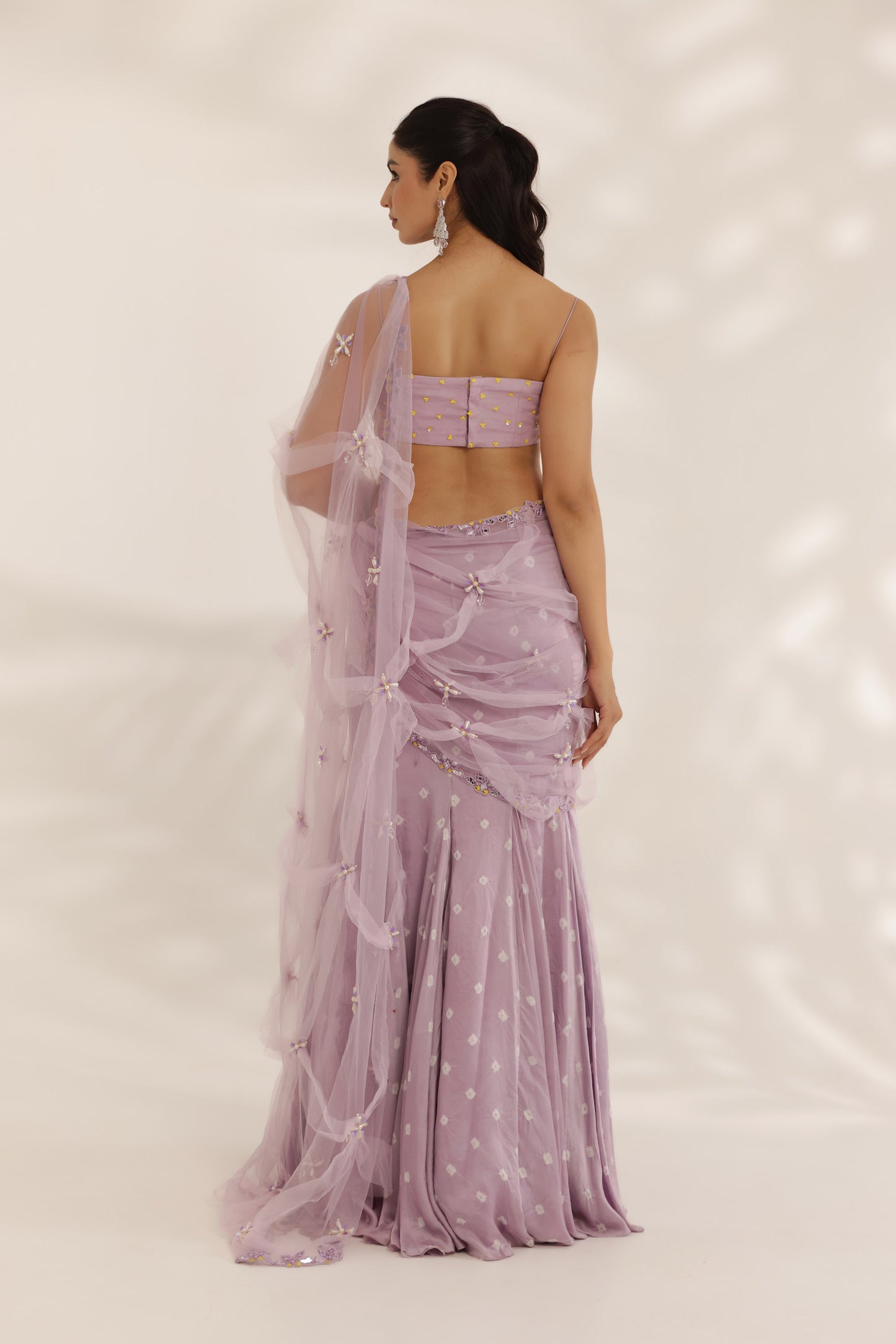 Bandhani Lavender Silk Satin Hand Embroidered Destination wedding Lehenga