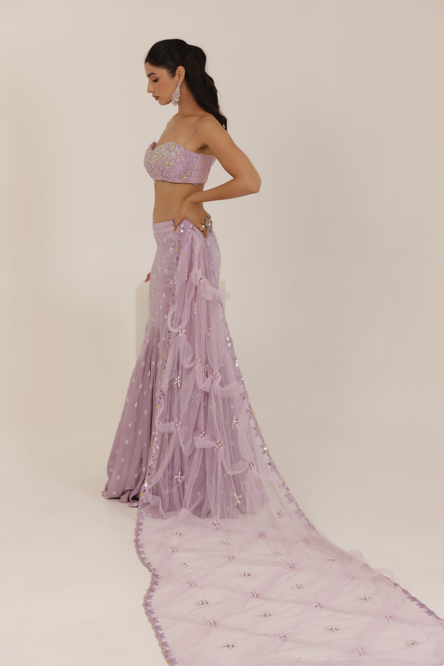 Bandhani Lavender Silk Satin Hand Embroidered Destination wedding Lehenga