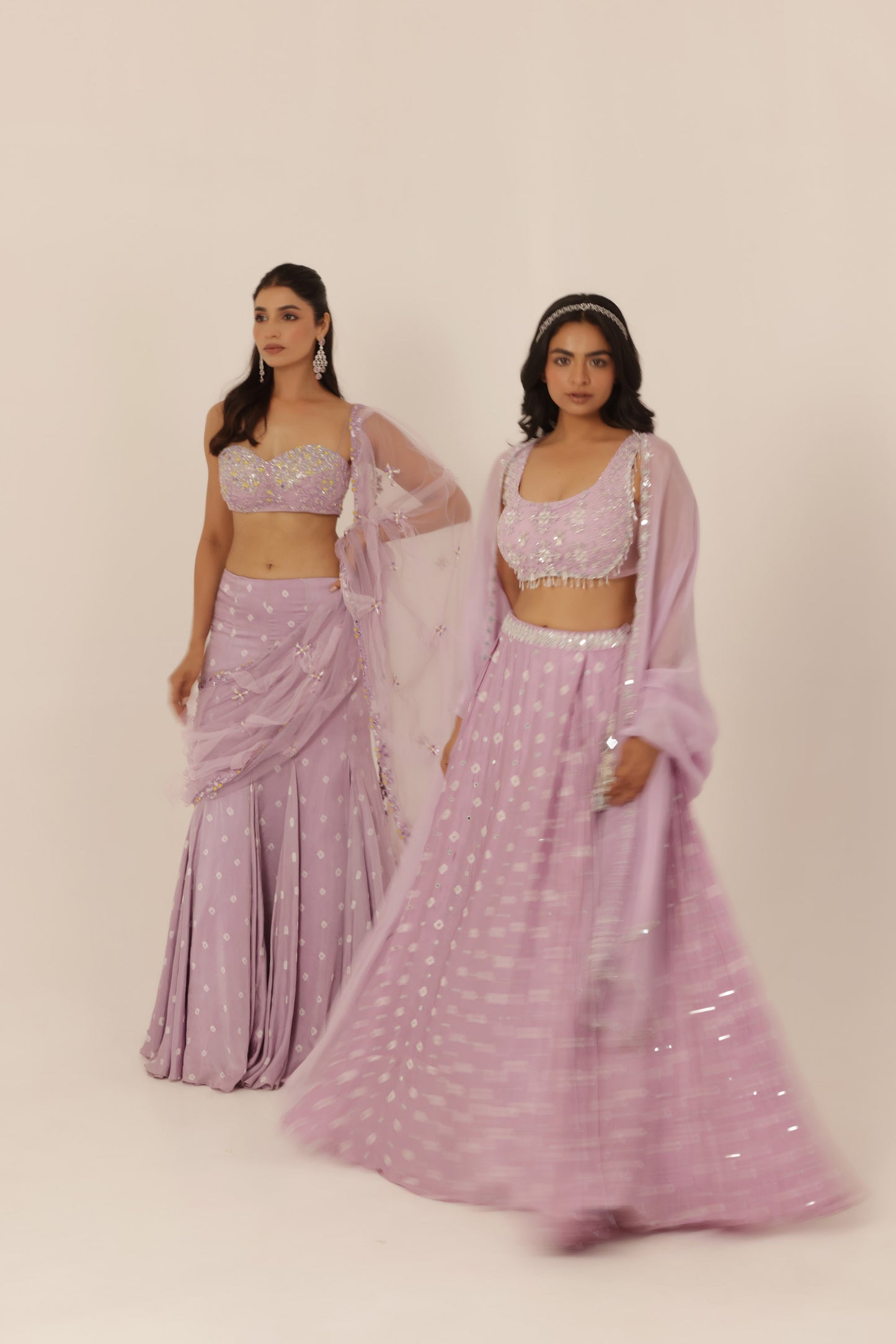 Bandhani Lavender Silk Satin Hand Embroidered Destination wedding Lehenga