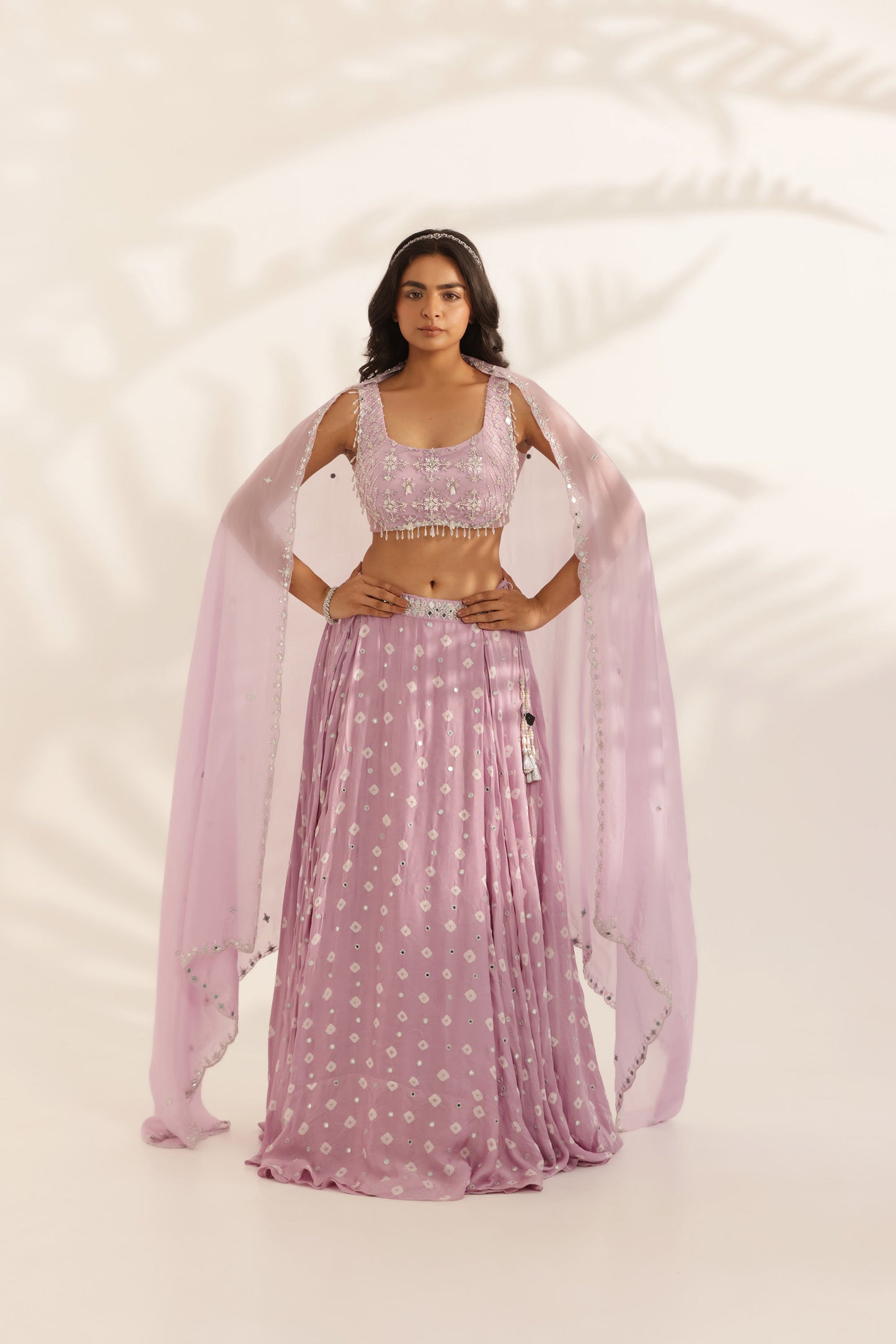 Bandhani Chamkili Lavender Silk Satin Hand Embroidered Designer Destination wedding Lehenga
