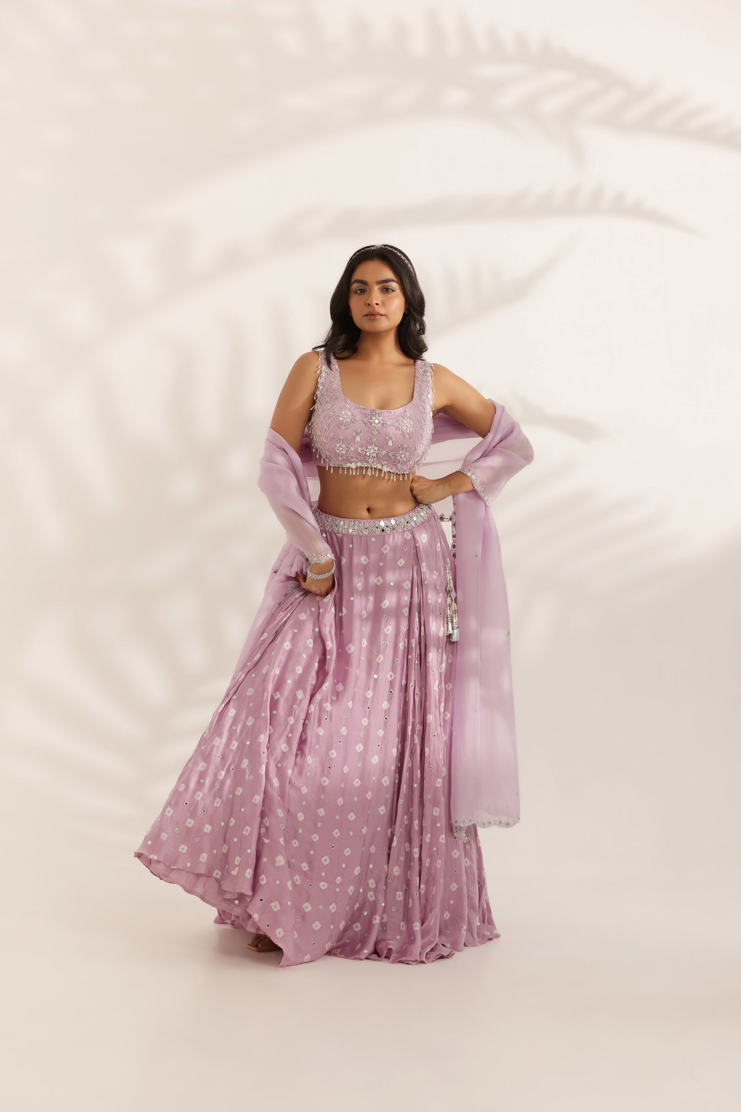 Bandhani Chamkili Lavender Silk Satin Hand Embroidered Designer Destination wedding Lehenga
