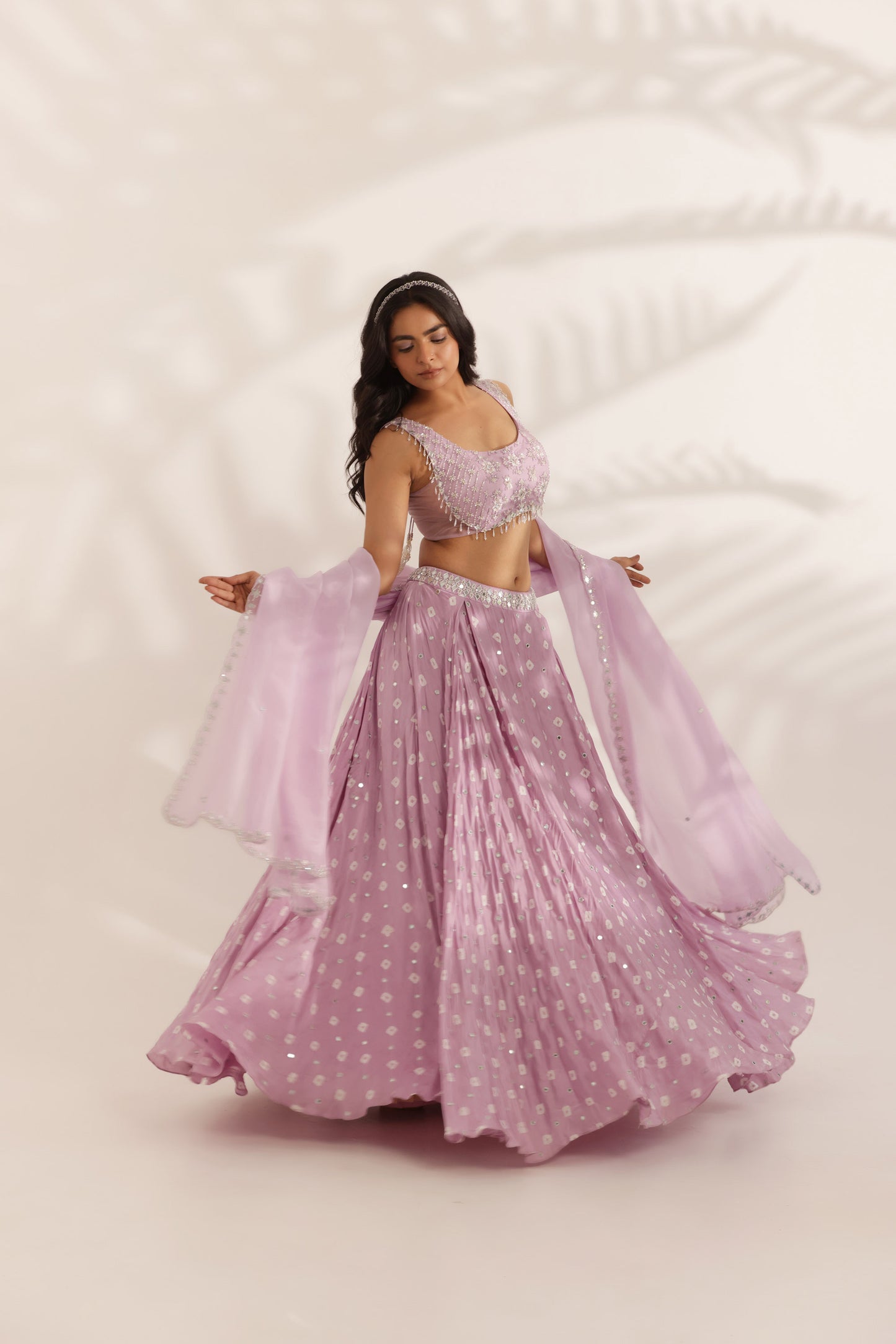 Bandhani Chamkili Lavender Silk Satin Hand Embroidered Designer Destination wedding Lehenga