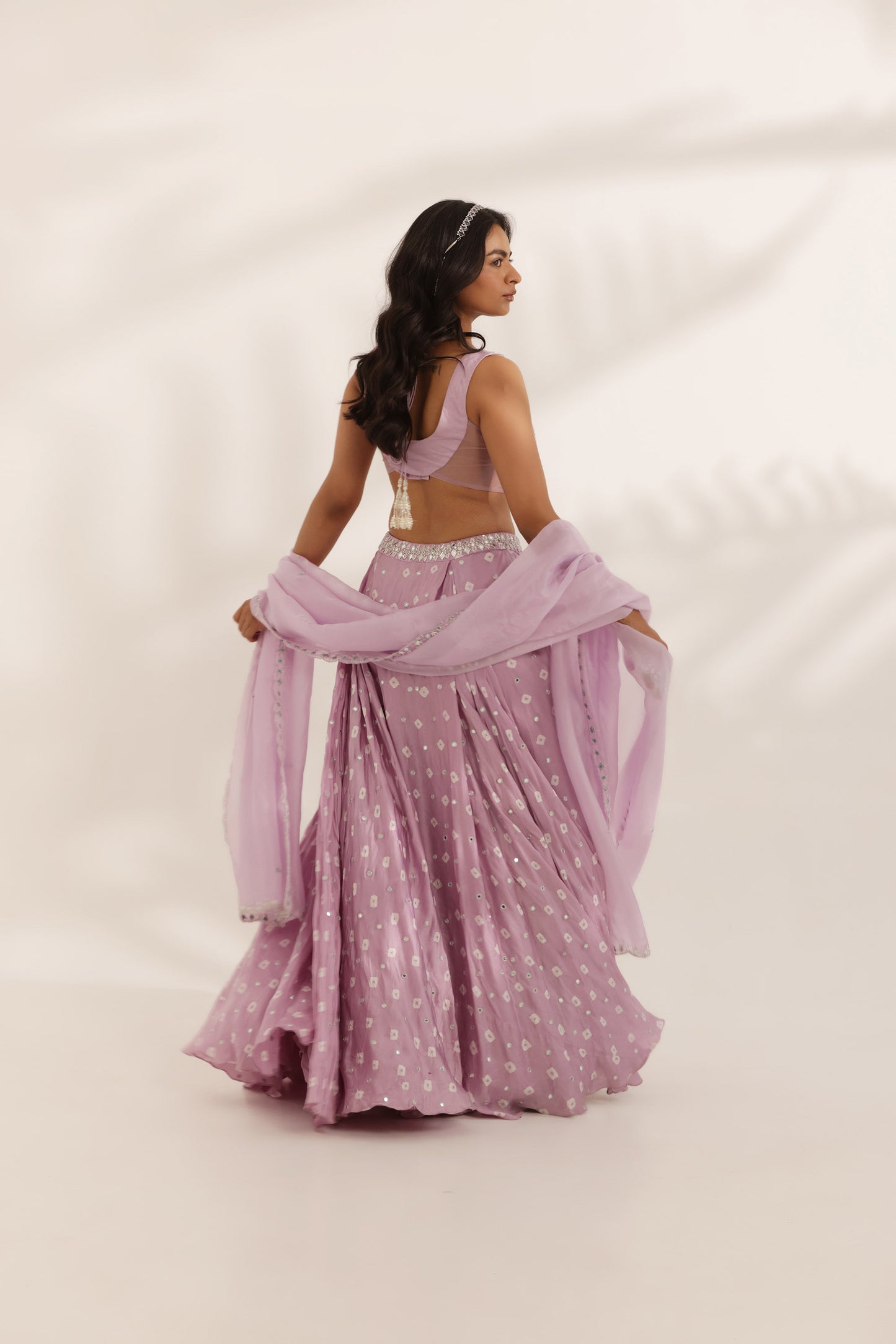 Bandhani Chamkili Lavender Silk Satin Hand Embroidered Designer Destination wedding Lehenga