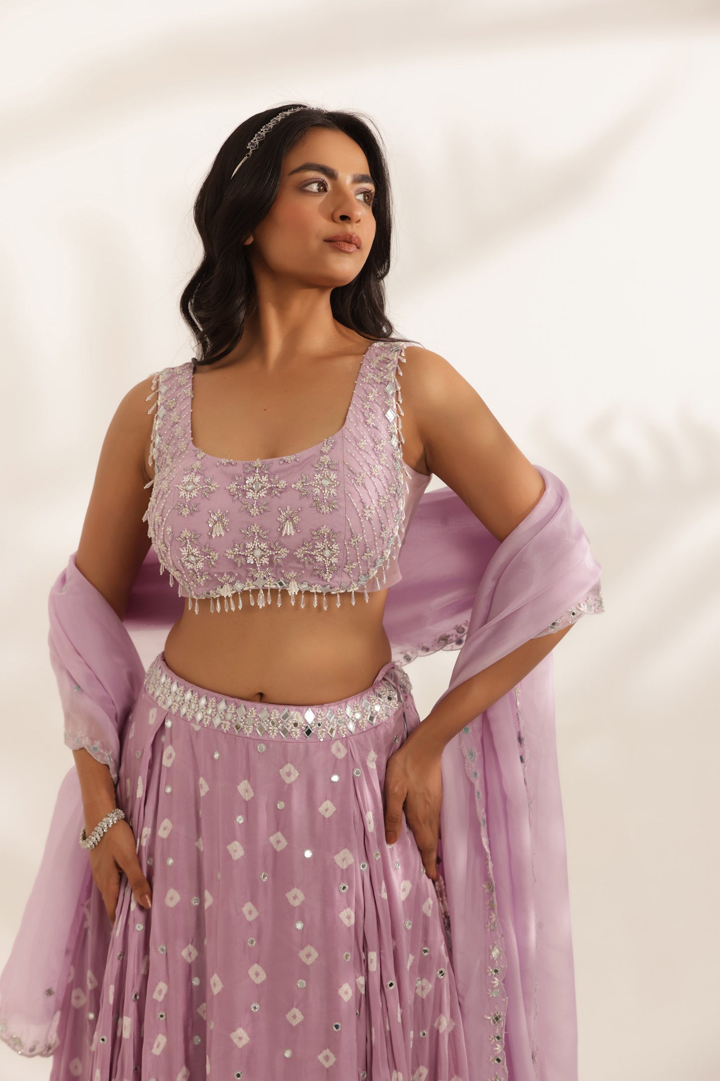 Bandhani Chamkili Lavender Silk Satin Hand Embroidered Designer Destination wedding Lehenga