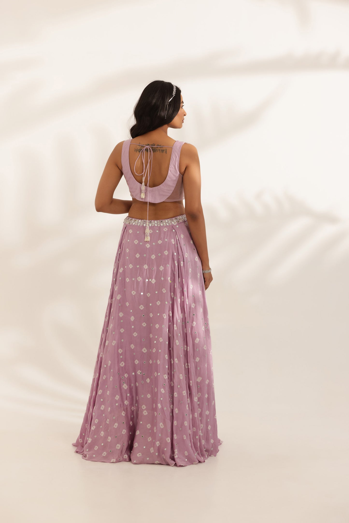 Bandhani Chamkili Lavender Silk Satin Hand Embroidered Designer Destination wedding Lehenga