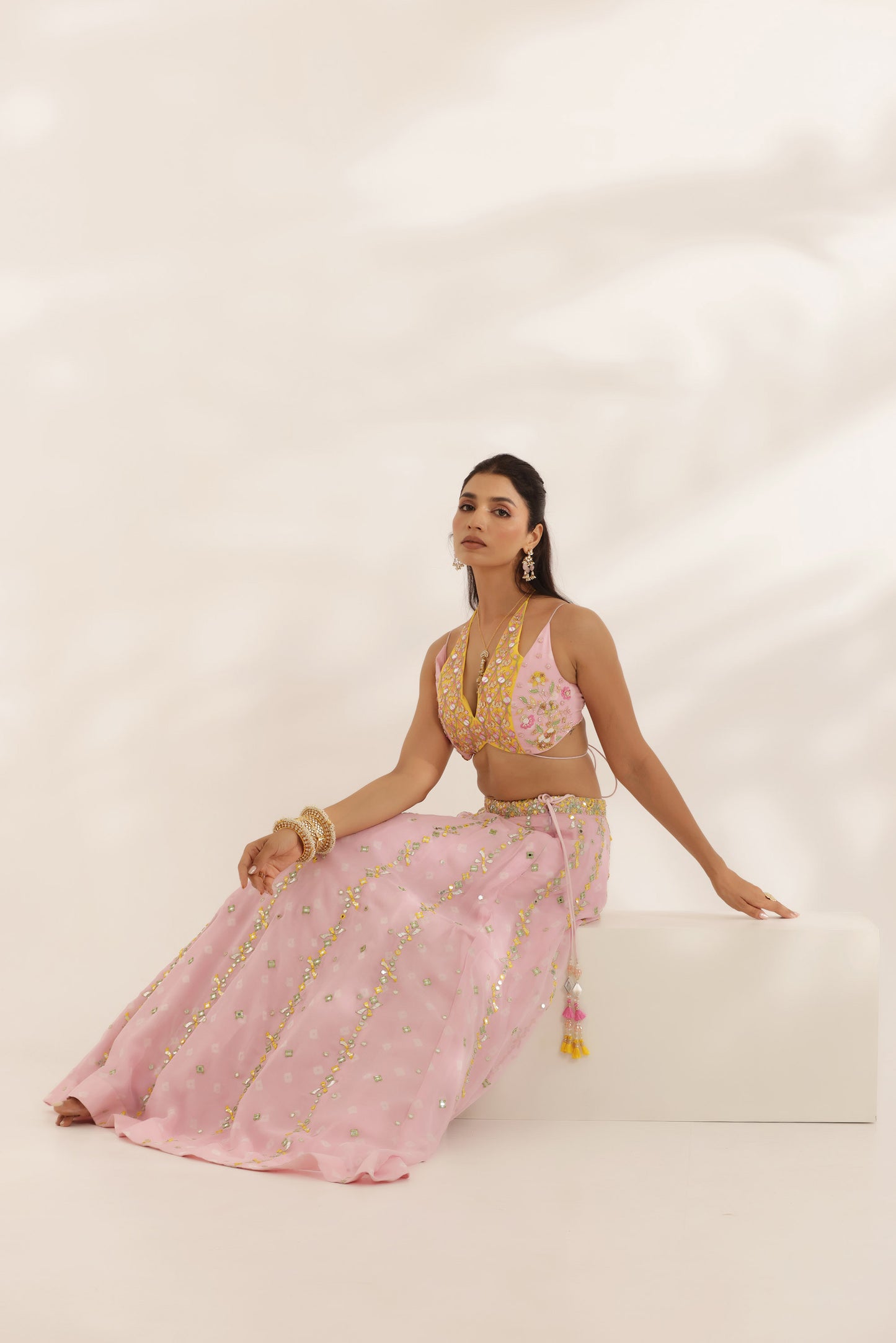 Bandhani Noorani Pink Georgette Hand Embroidered Designer wedding Lehenga