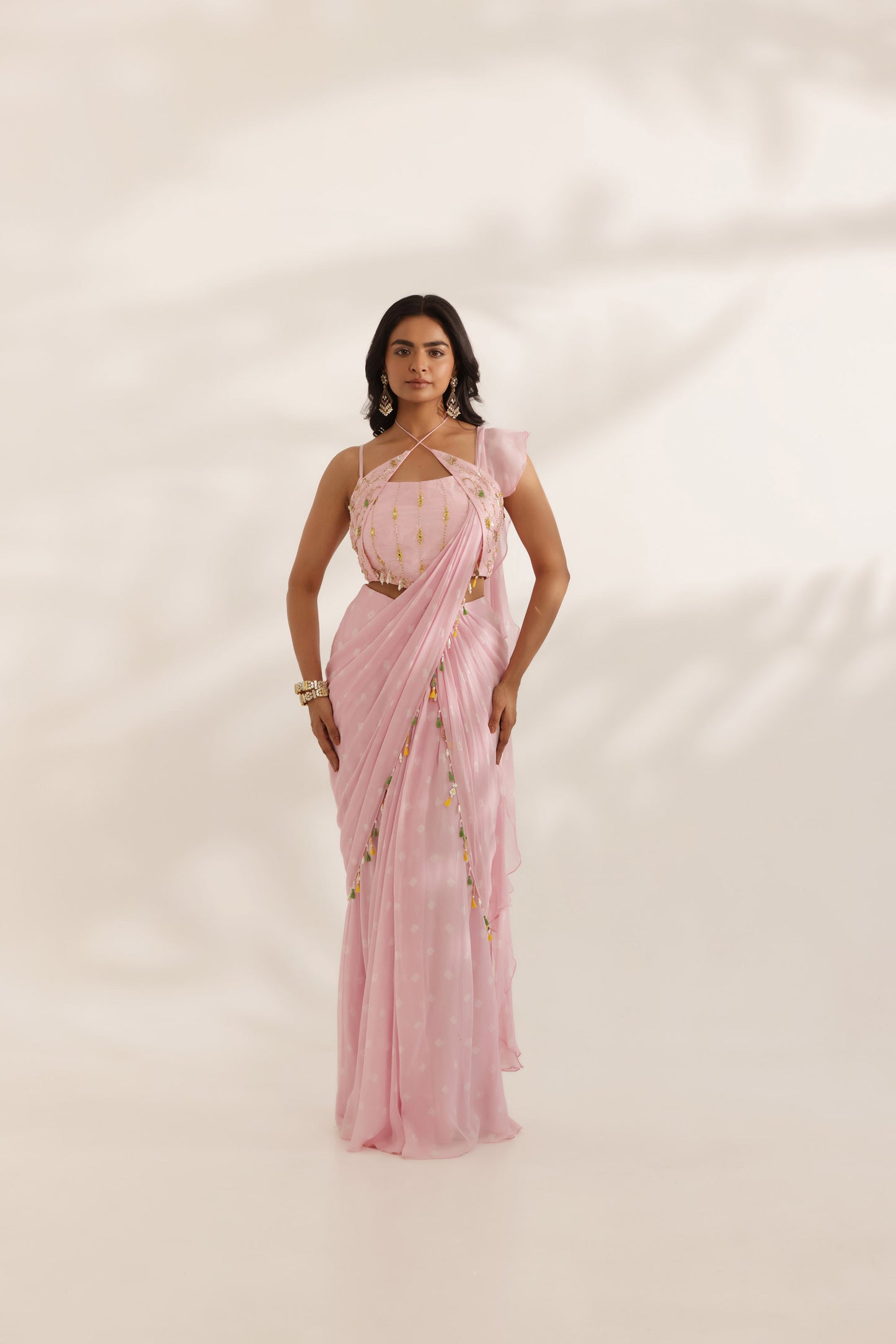 Bandhani Bela Pink Georgette Hand Embroidered Designer Bridesmaid Saree