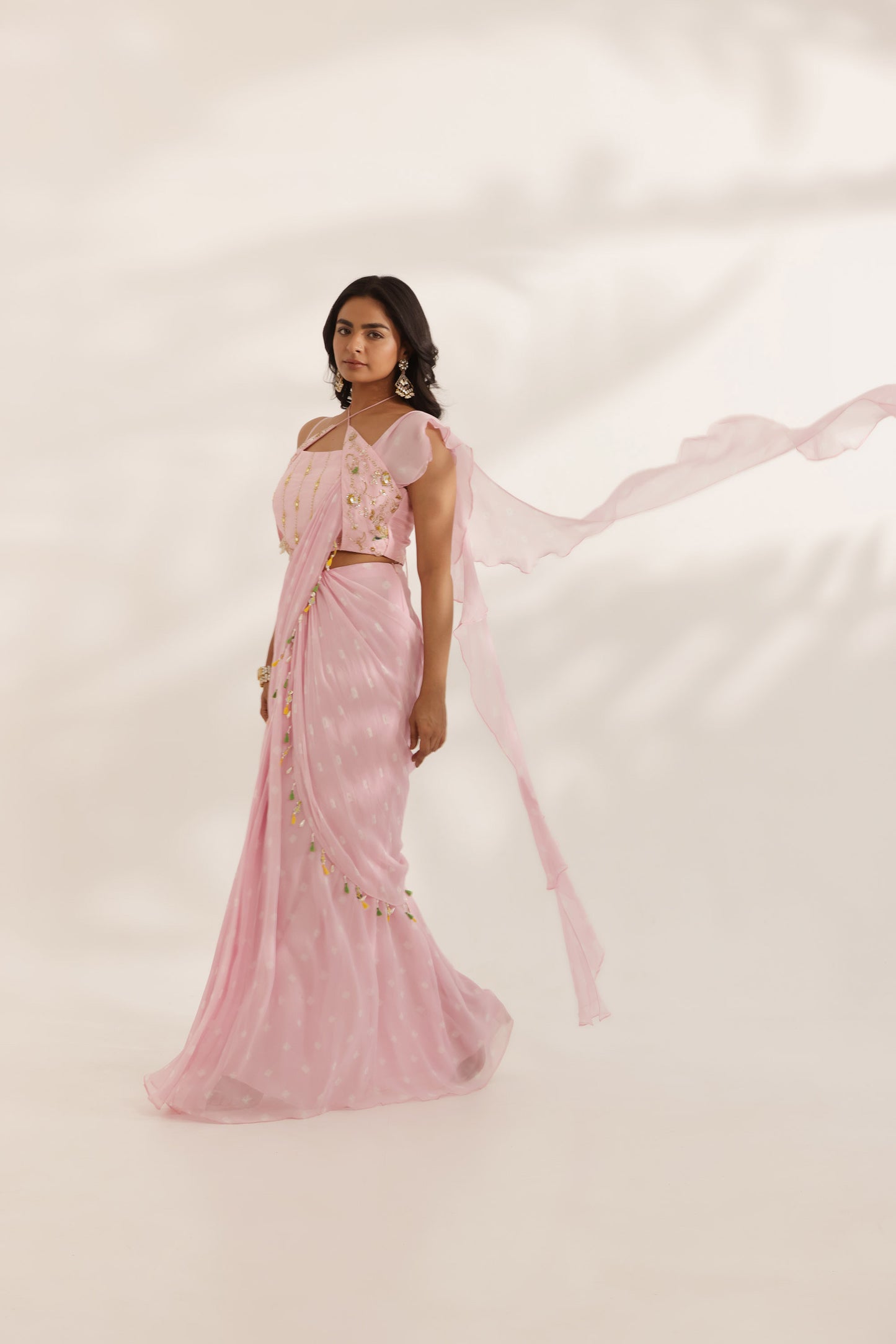 Bandhani Bela Pink Georgette Hand Embroidered Designer Bridesmaid Saree