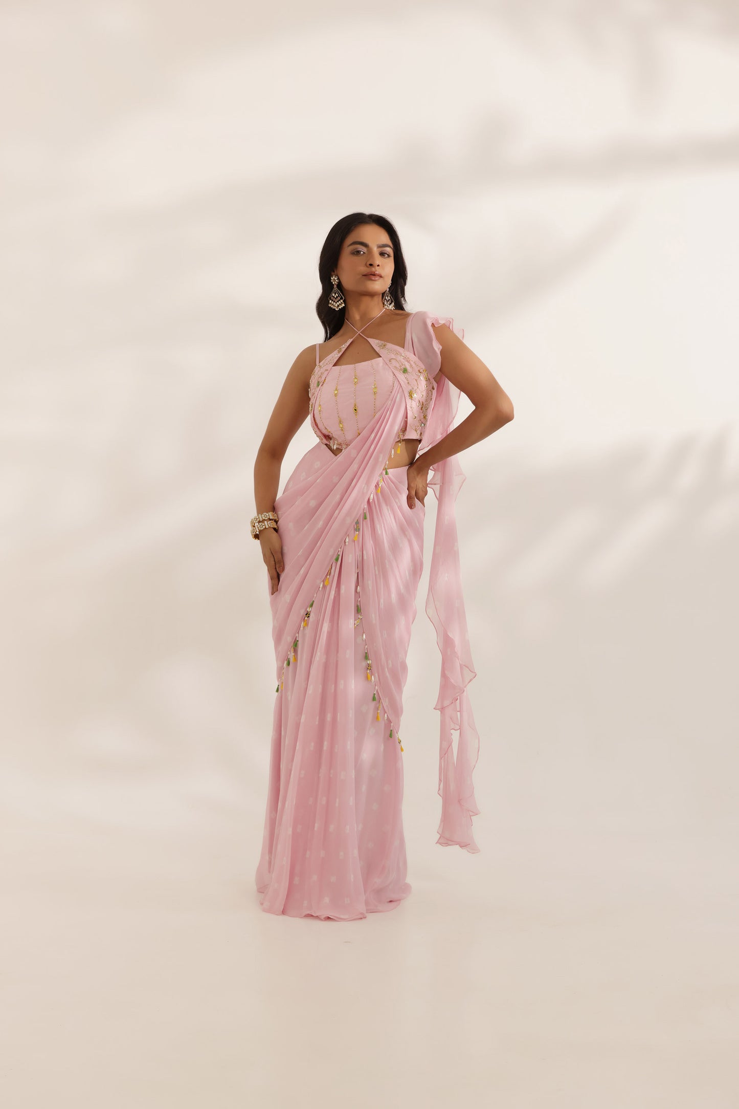 Bandhani Bela Pink Georgette Hand Embroidered Designer Bridesmaid Saree