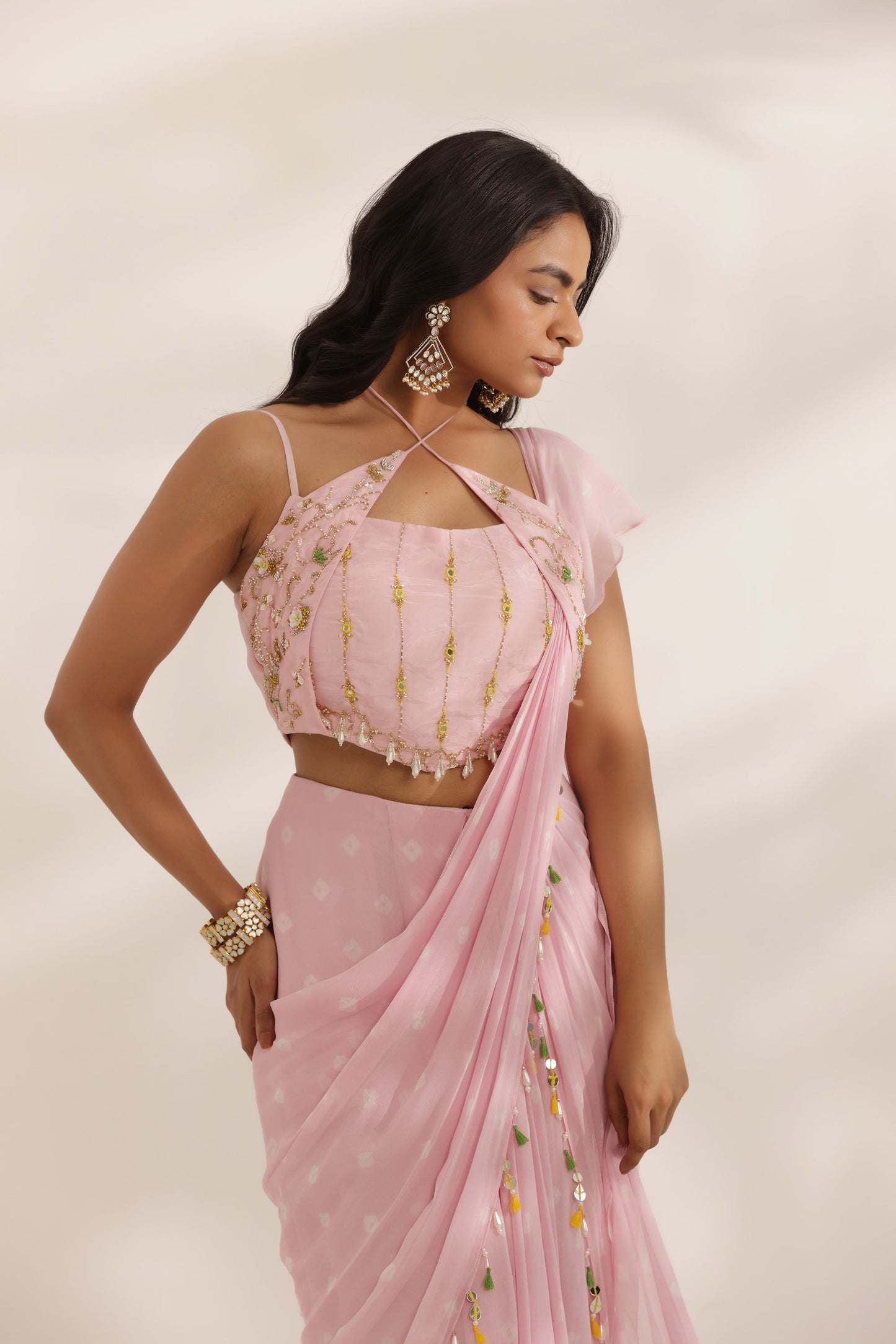 Bandhani Bela Pink Georgette Hand Embroidered Designer Bridesmaid Saree