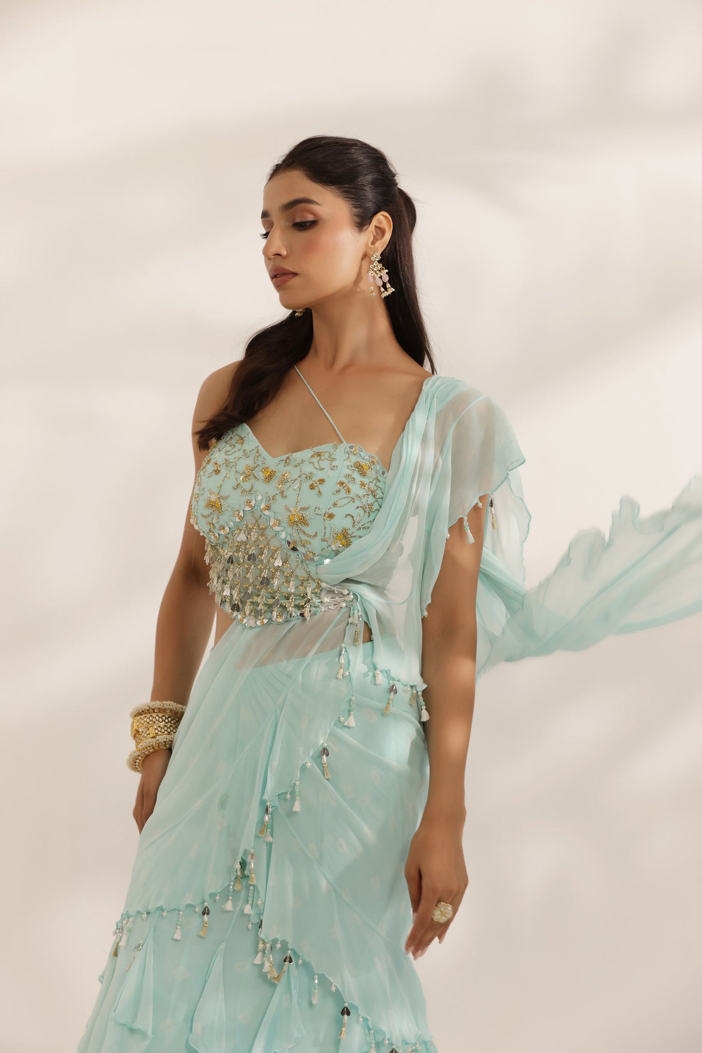 Bandhani Noorah Skyblue Summer wedding Lehenga