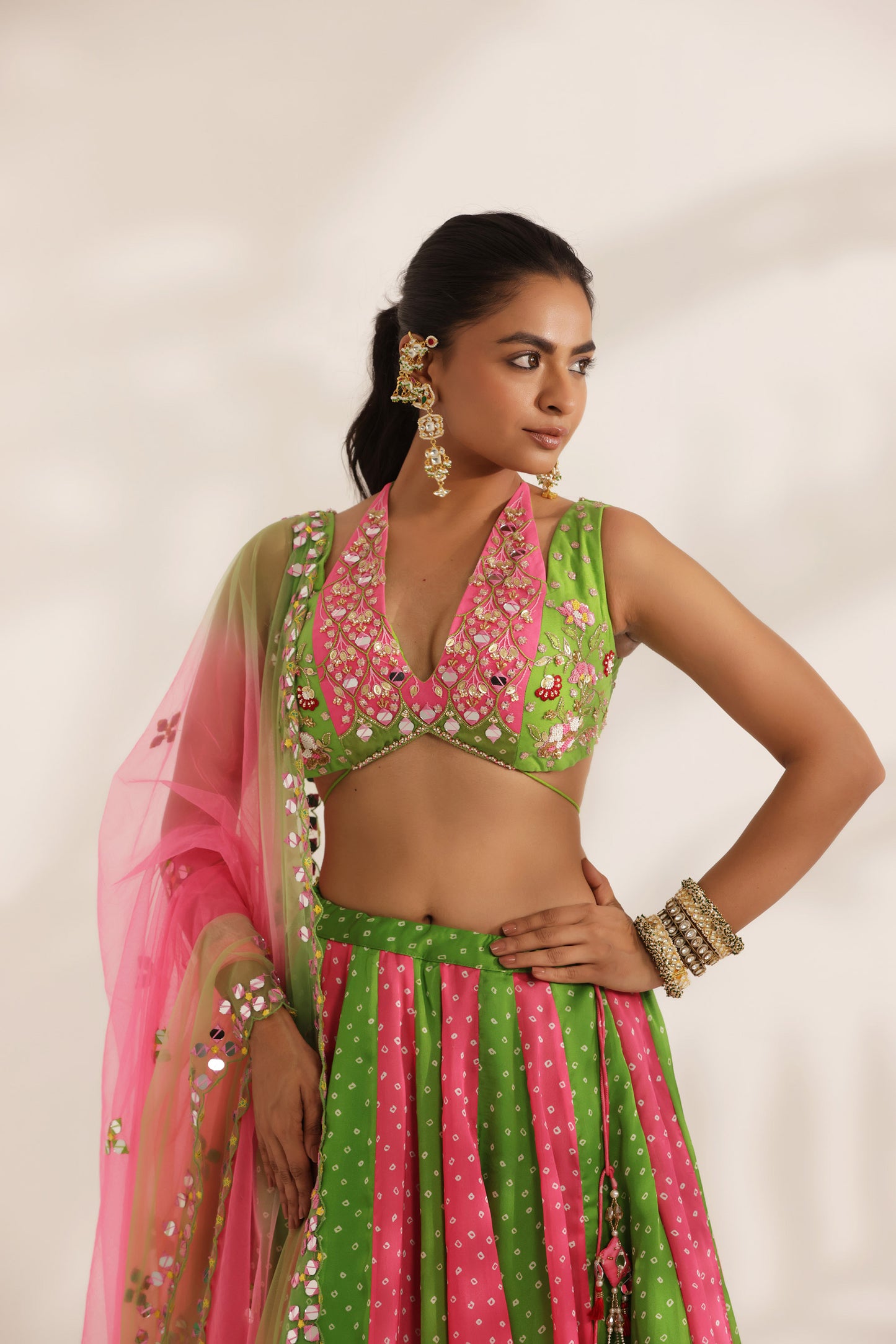 Bandhani Gulabo Lime Green Satin Georgette Kali Designer Mehendi Lehenga