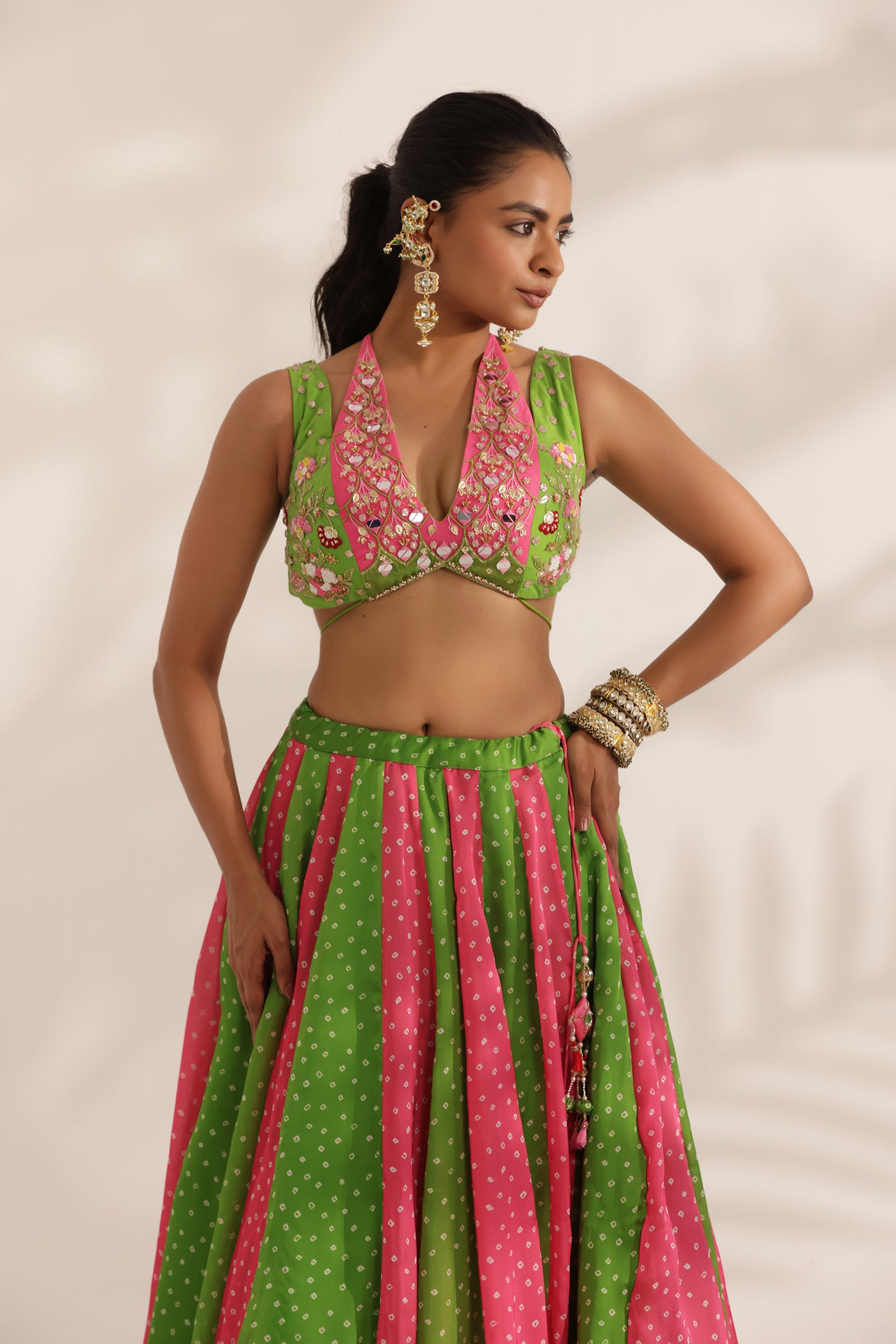 Bandhani Gulabo Lime Green Satin Georgette Kali Designer Mehendi Lehenga