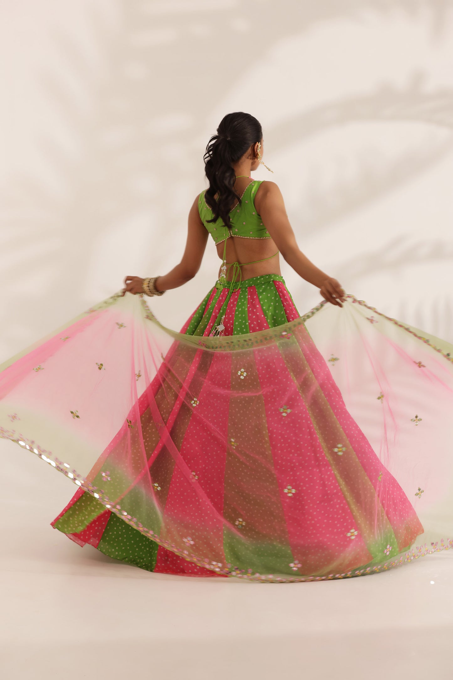 Bandhani Gulabo Lime Green Satin Georgette Kali Designer Mehendi Lehenga