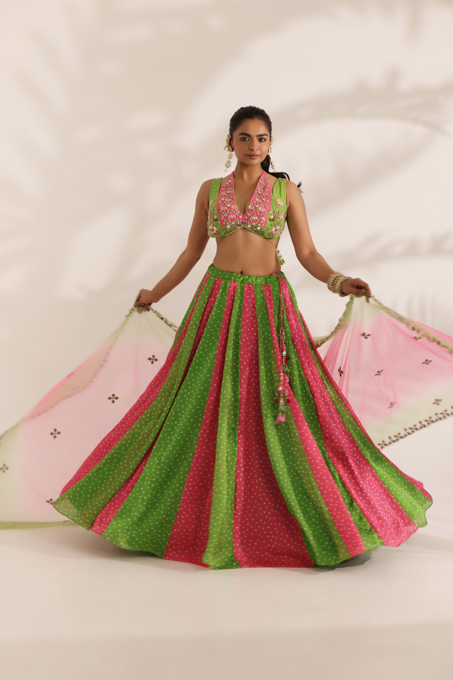Bandhani Gulabo Lime Green Satin Georgette Kali Designer Mehendi Lehenga