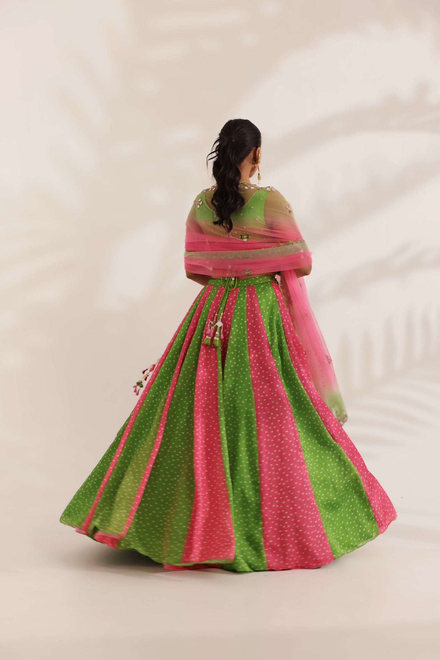 Bandhani Gulabo Lime Green Satin Georgette Kali Designer Mehendi Lehenga