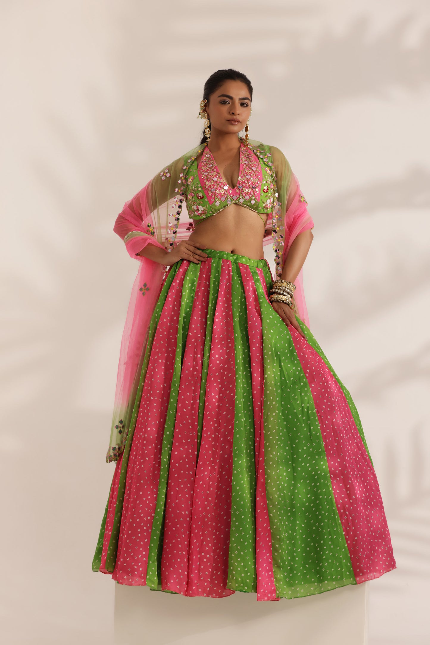 Bandhani Gulabo Lime Green Satin Georgette Kali Designer Mehendi Lehenga