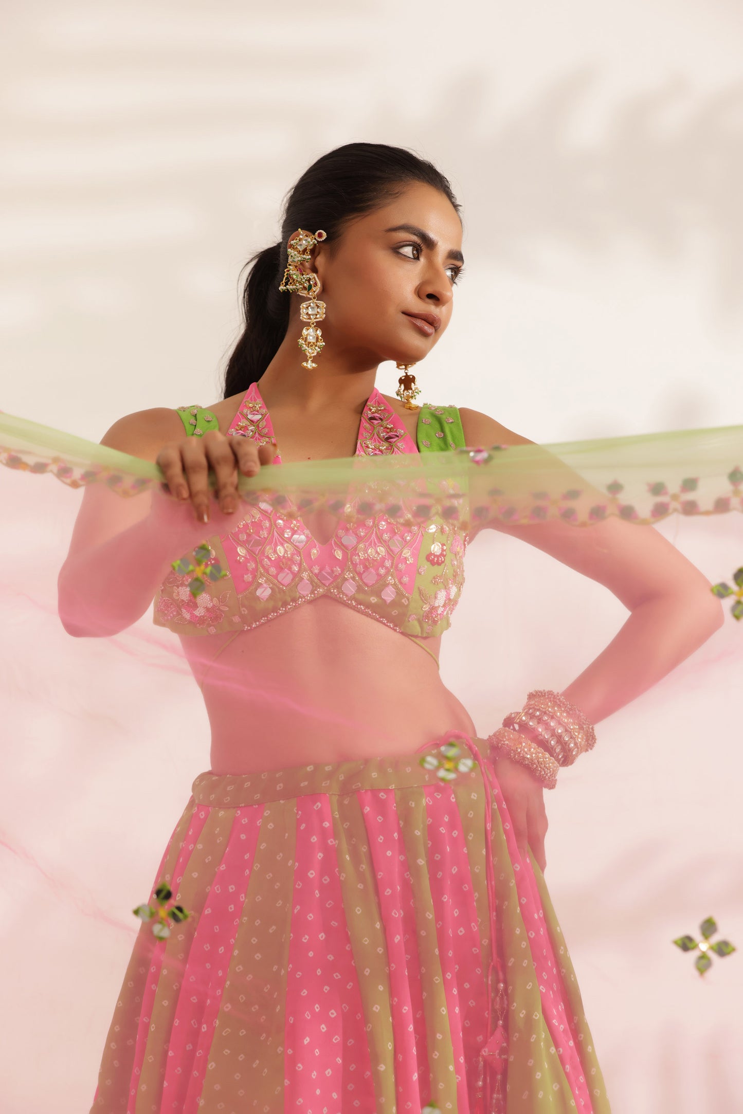 Bandhani Gulabo Lime Green Satin Georgette Kali Designer Mehendi Lehenga