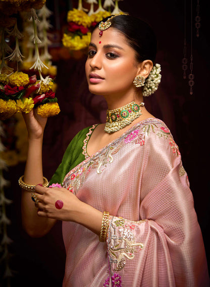 Dusty Rose Banarasi Zari Woven Prasang Wedding Saree