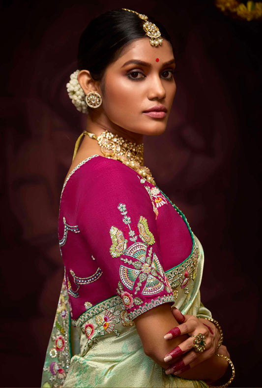 Sage Green Banarasi Zari Woven Prasang Wedding Saree