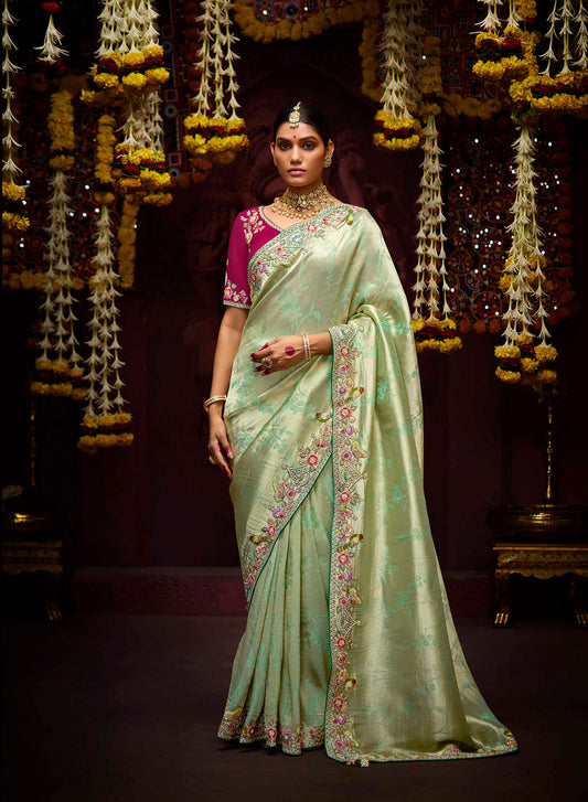 Sage Green Banarasi Zari Woven Prasang Wedding Saree
