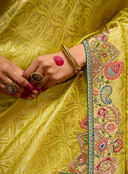 Lemon Yellow Banarasi Zari Woven Prasang Wedding Saree