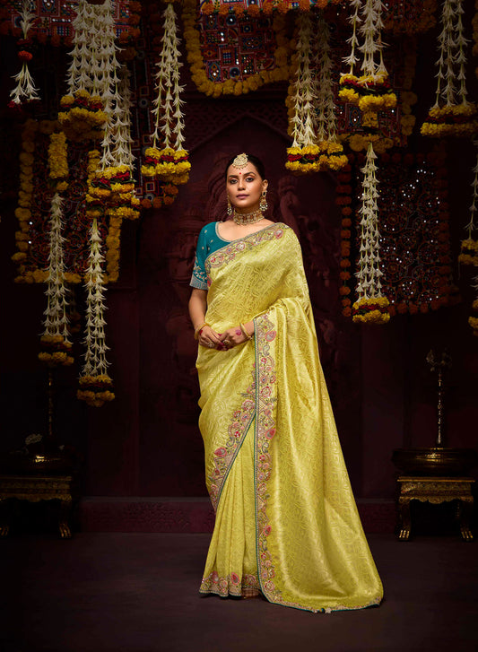 Lemon Yellow Banarasi Zari Woven Prasang Wedding Saree