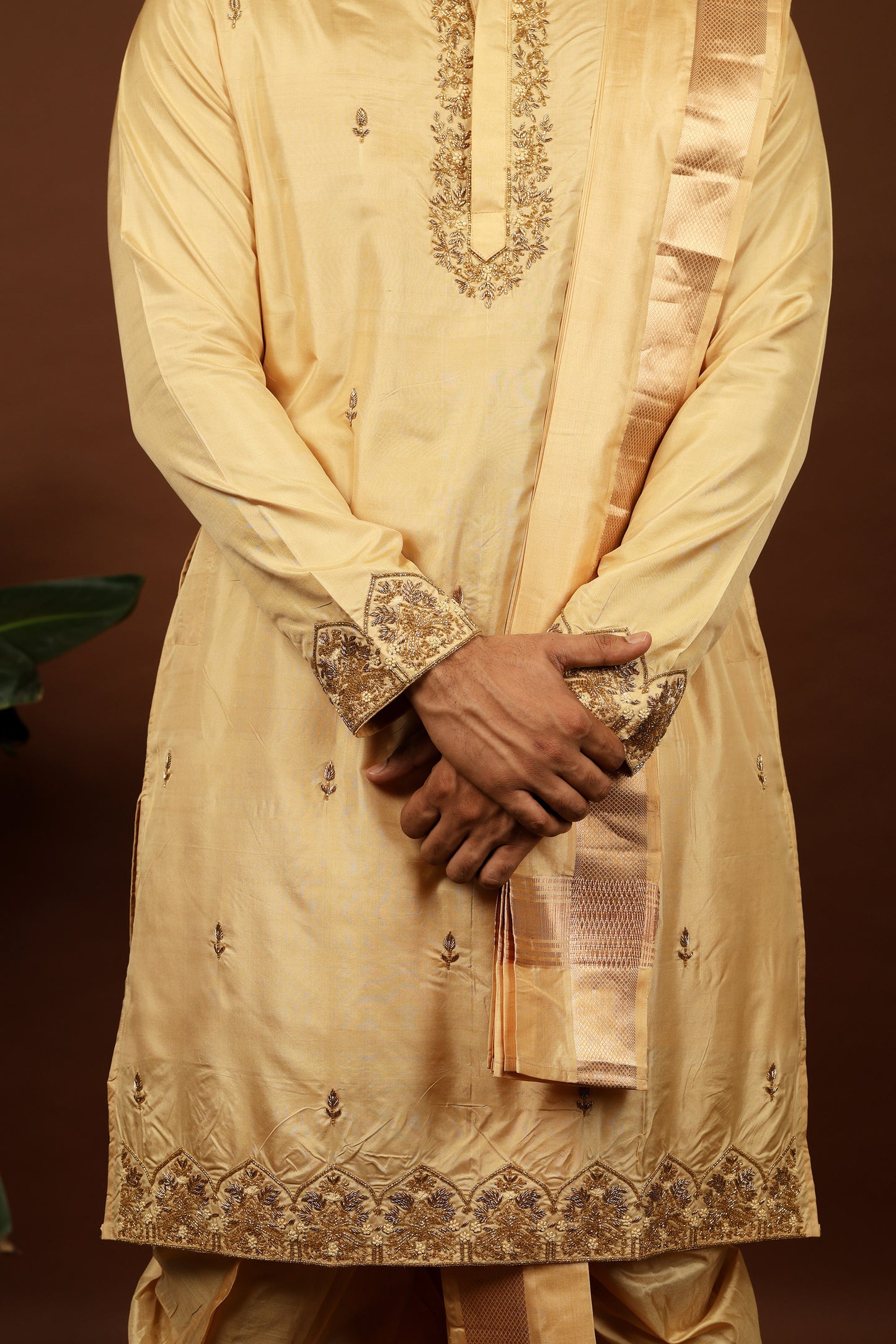 Kanjivaram Rose gold hand emboirdered Pattu kurta set