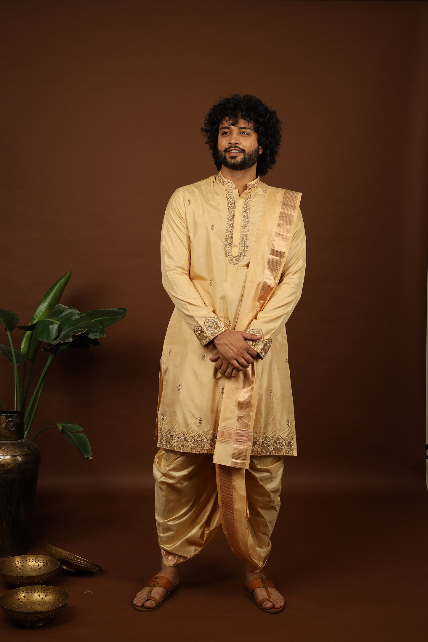 Kanjivaram Rose gold hand emboirdered Pattu kurta set