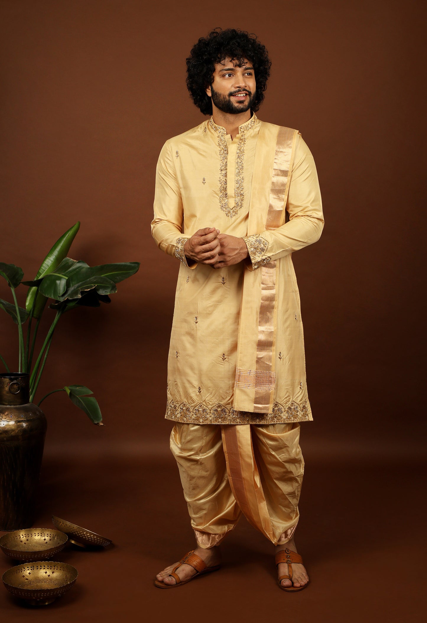 Kanjivaram Rose gold hand emboirdered Pattu kurta set