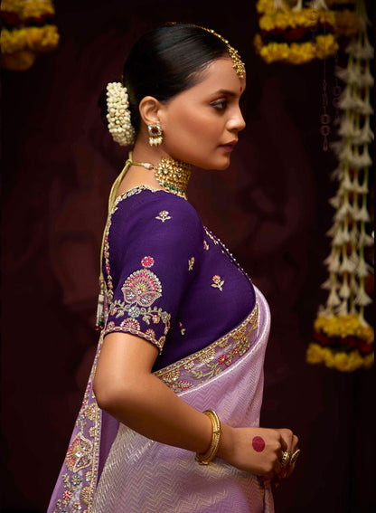 Lilac Banarasi Zari Woven Prasang Wedding Saree