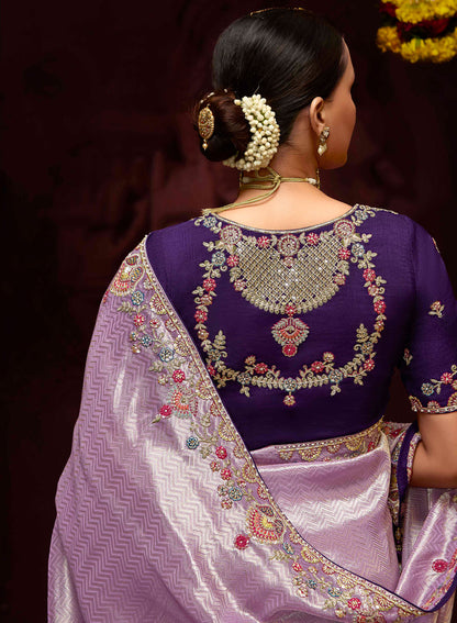 Lilac Banarasi Zari Woven Prasang Wedding Saree