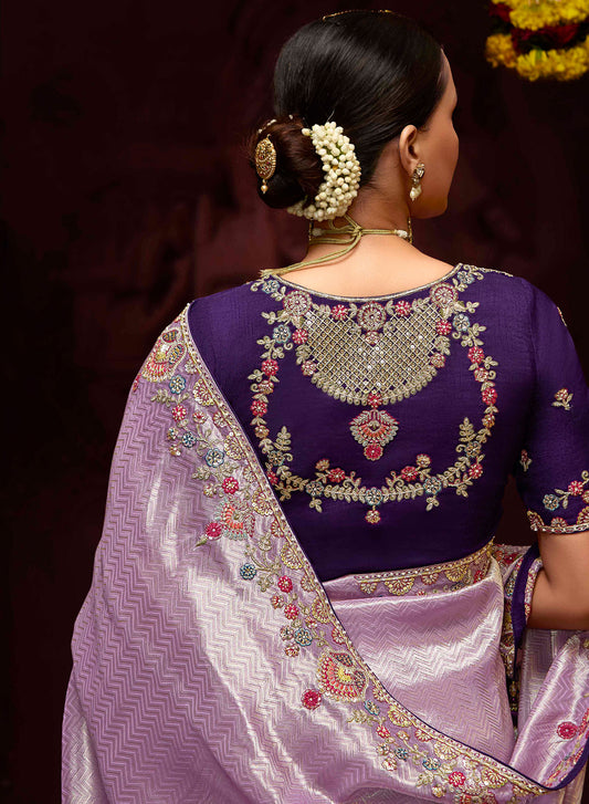 Lilac Banarasi Zari Woven Prasang Wedding Saree