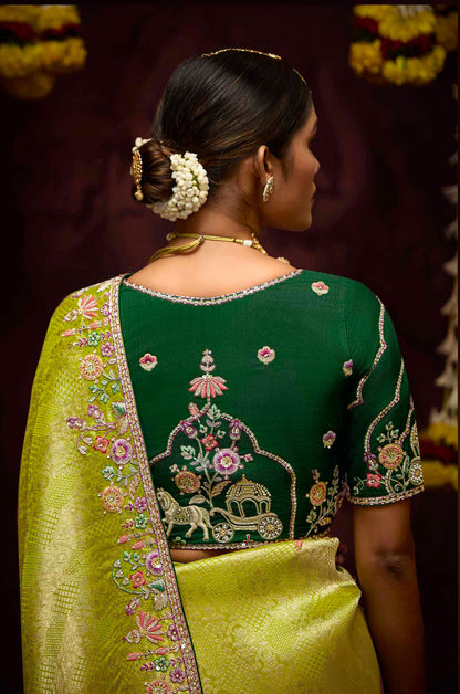 Lime Green Banarasi Zari Woven Prasang Wedding Saree