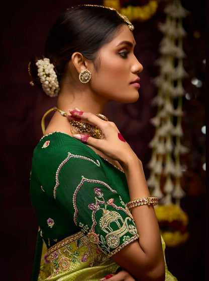 Lime Green Banarasi Zari Woven Prasang Wedding Saree