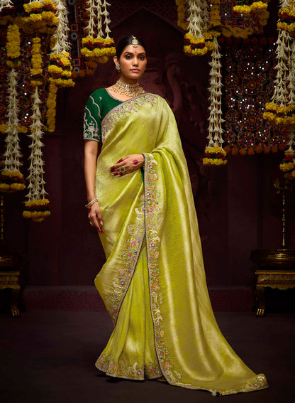 Lime Green Banarasi Zari Woven Prasang Wedding Saree